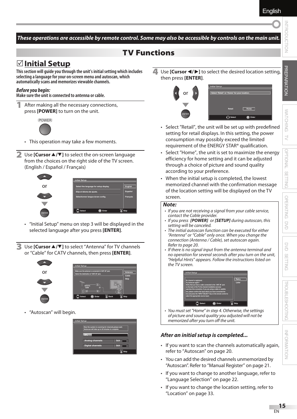 English español français, Initial setup, Tv functions | Before you begin, After an initial setup is completed, Autoscan” will begin | Univex LD190SS1 User Manual | Page 17 / 166