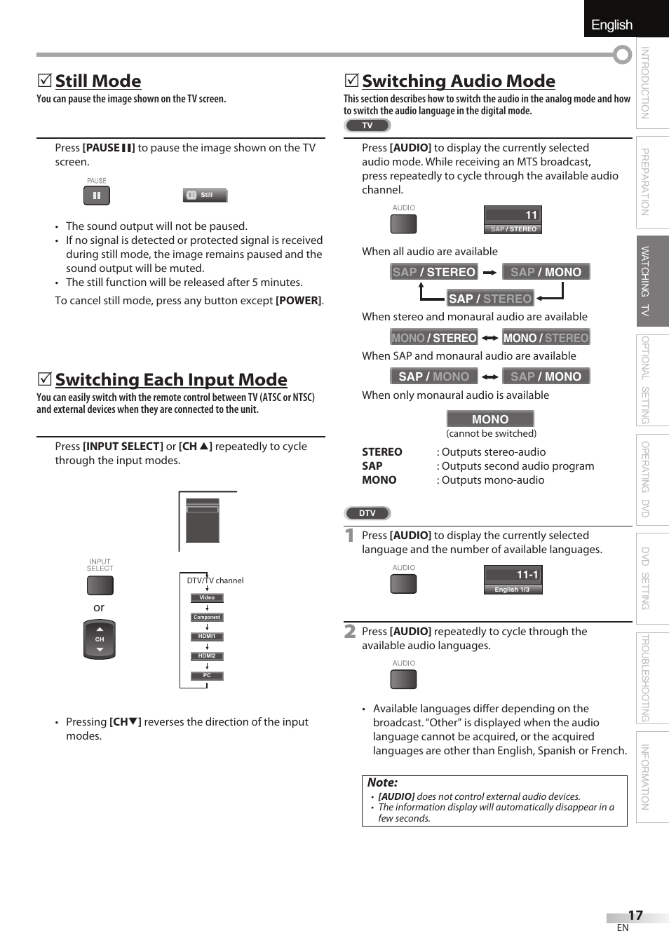 English español français, Still mode, Switching each input mode | Switching audio mode | Univex LD190SS1 User Manual | Page 19 / 166