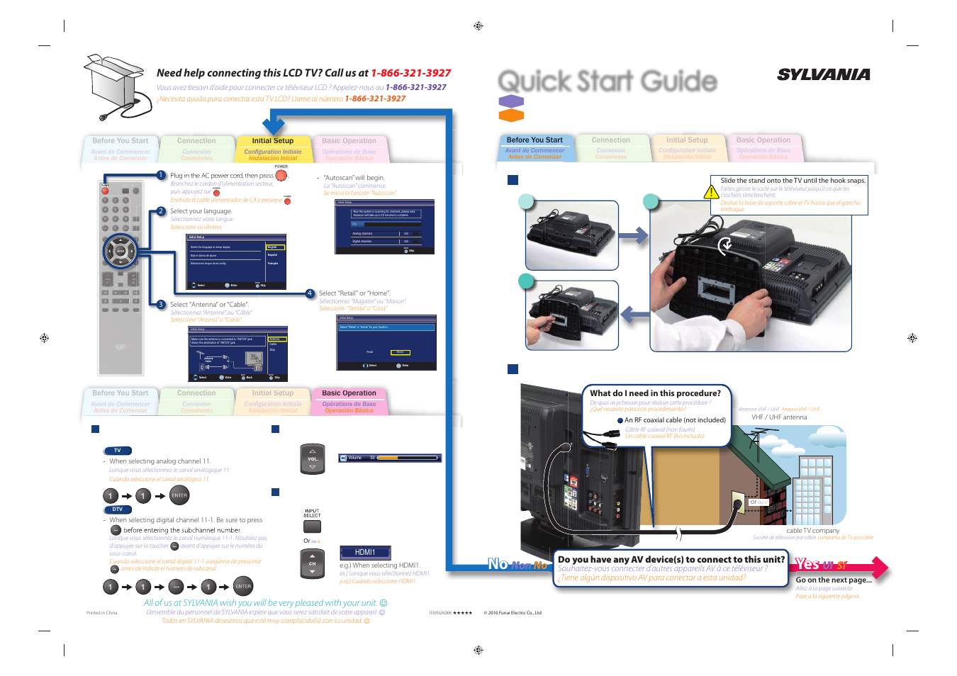 Quick start guide, Guide de démarrage rapide, Attaching the stand | Non no no, Ui sí sí 1, Connecting the antenna, Channel selection, Volume adjustment, Switch the input, Fixation du support fijación de la base | Univex LD190SS1 User Manual | Page 2 / 166