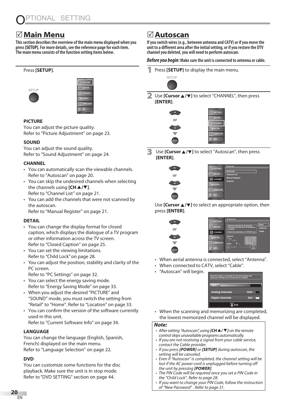 Ptional setting, Main menu, Autoscan | Univex LD190SS1 User Manual | Page 22 / 166