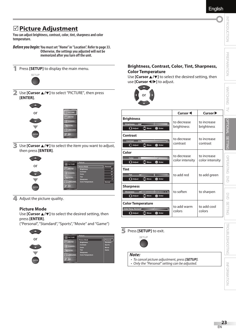 English español français, Picture adjustment, Before you begin | Picture mode, Press [setup] to display the main menu, Adjust the picture quality, Press [setup] to exit | Univex LD190SS1 User Manual | Page 25 / 166