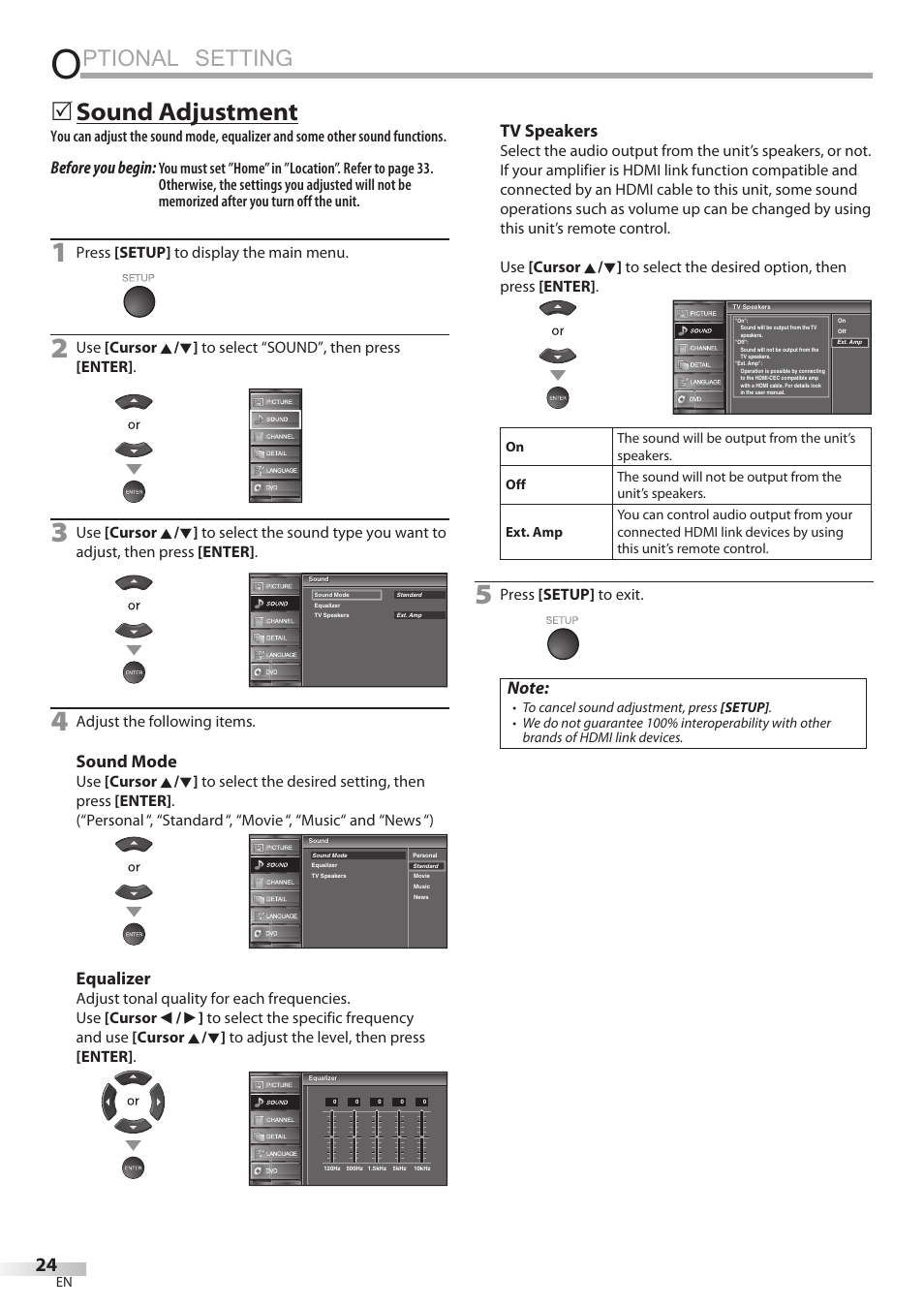 Ptional setting, Sound adjustment, Before you begin | Sound mode, Equalizer, Tv speakers | Univex LD190SS1 User Manual | Page 26 / 166