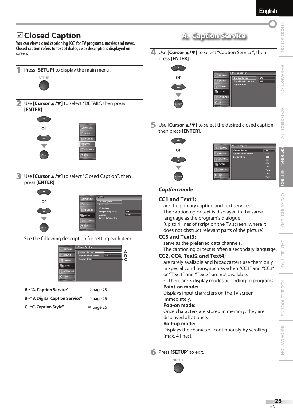 English español français, Closed caption, A. caption service | Caption mode cc1 and text1, Cc3 and text3, Cc2, cc4, text2 and text4 | Univex LD190SS1 User Manual | Page 27 / 166