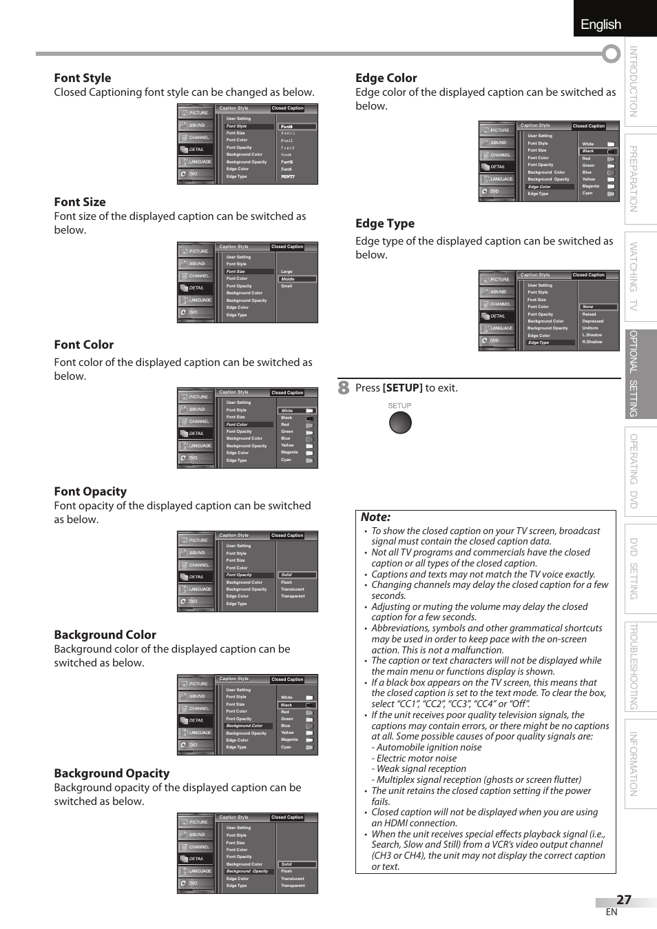 English español français, Font style, Font size | Font color, Font opacity, Background color, Background opacity, Edge color, Edge type, Press [setup] to exit | Univex LD190SS1 User Manual | Page 29 / 166