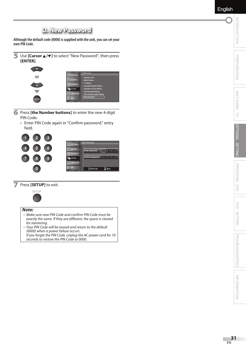 English español français, D. new password | Univex LD190SS1 User Manual | Page 33 / 166