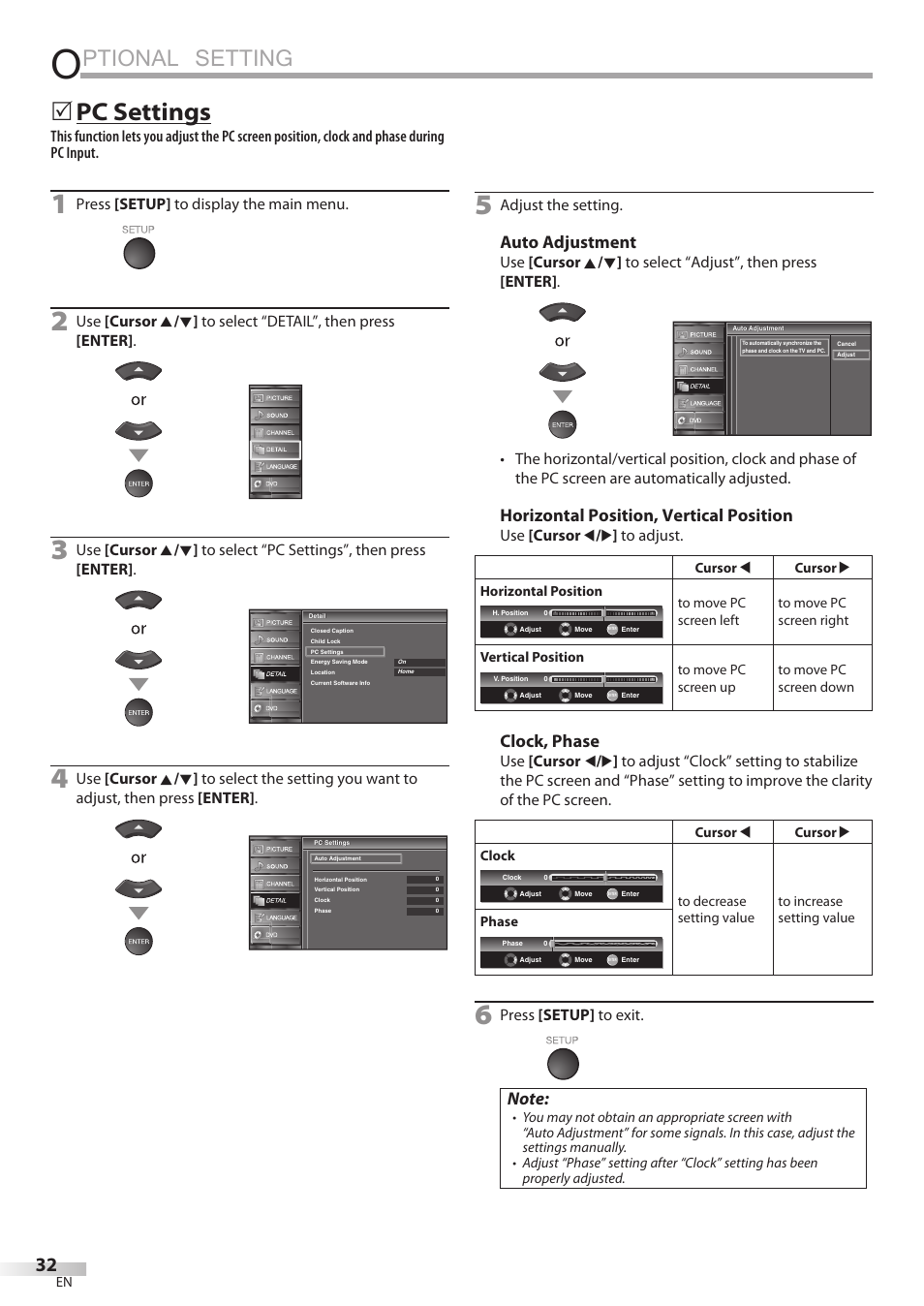 Ptional setting, Pc settings, Auto adjustment | Horizontal position, vertical position, Clock, phase | Univex LD190SS1 User Manual | Page 34 / 166