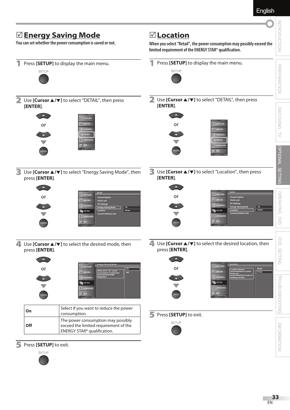 English español français, Energy saving mode, Location | Univex LD190SS1 User Manual | Page 35 / 166
