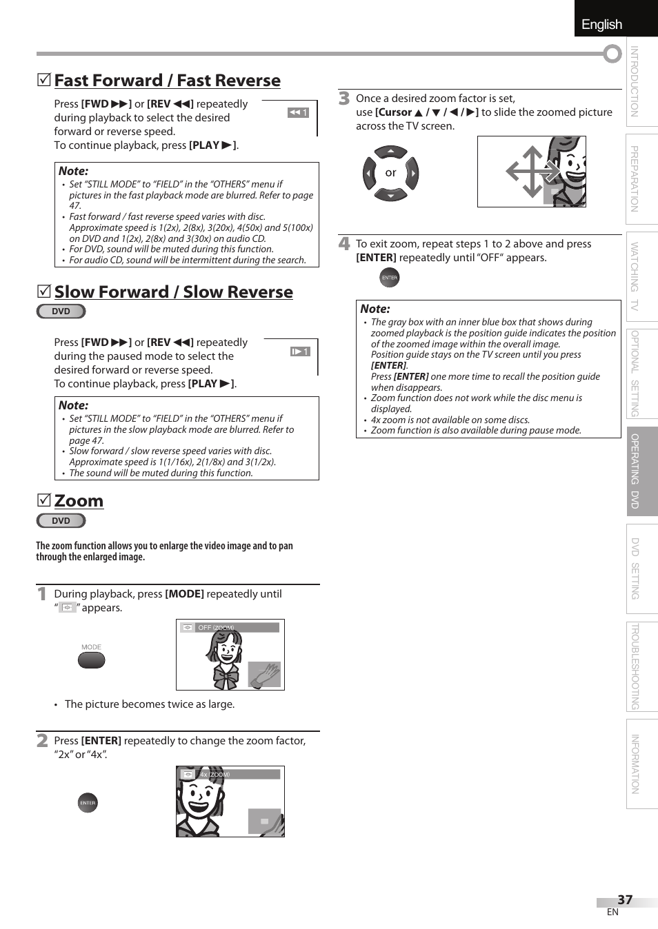 English español français, Fast forward / fast reverse, Slow forward / slow reverse | Zoom | Univex LD190SS1 User Manual | Page 39 / 166