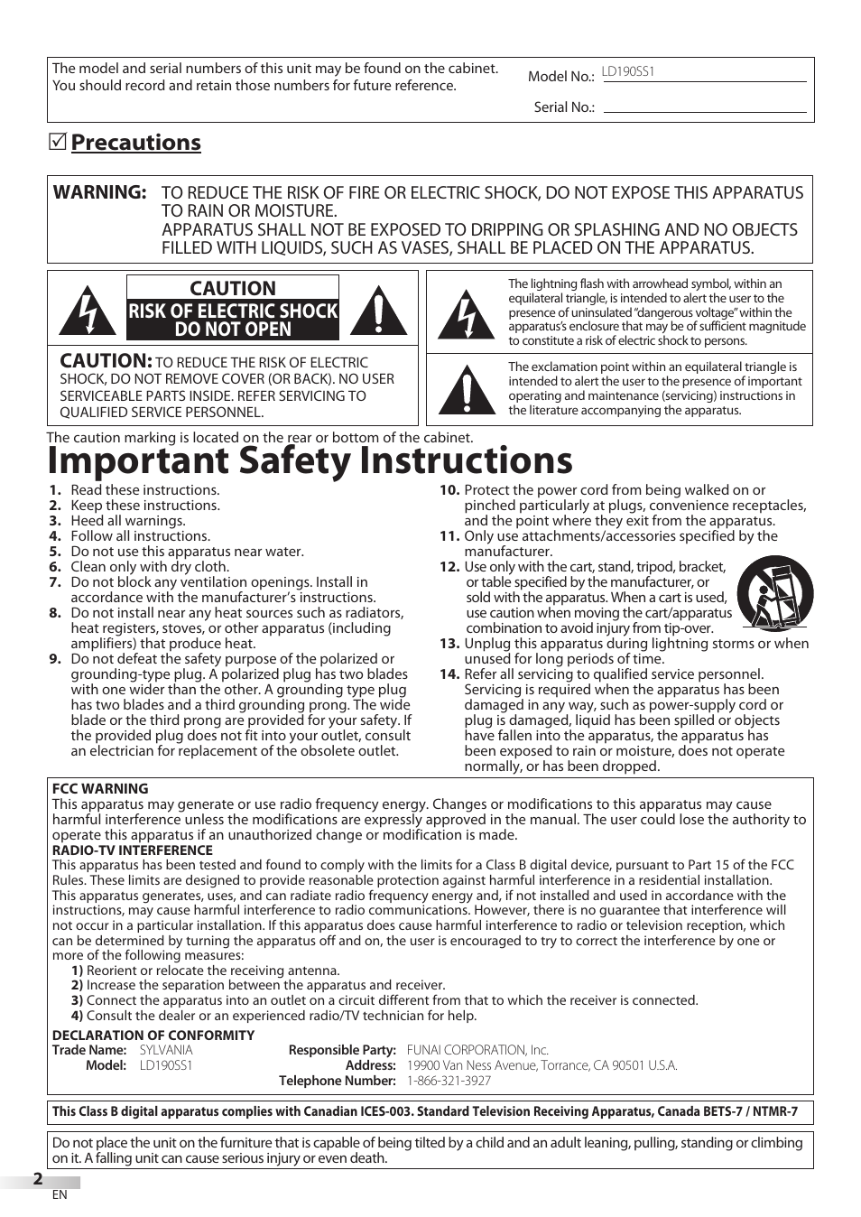 Important safety instructions, Precautions, Caution | Caution risk of electric shock do not open, Warning | Univex LD190SS1 User Manual | Page 4 / 166