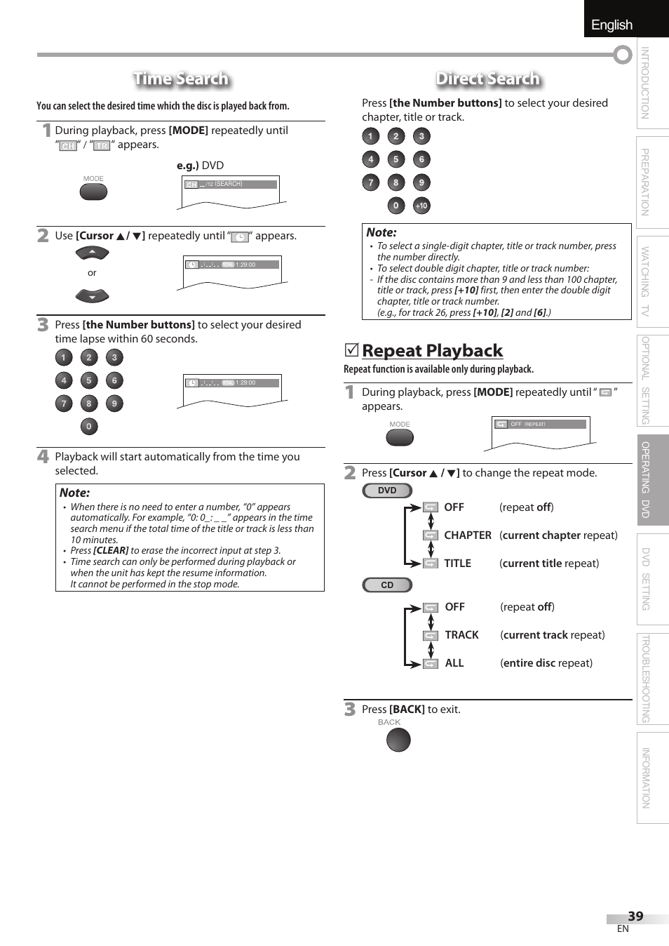 English español français, Time search, Direct search | Repeat playback | Univex LD190SS1 User Manual | Page 41 / 166