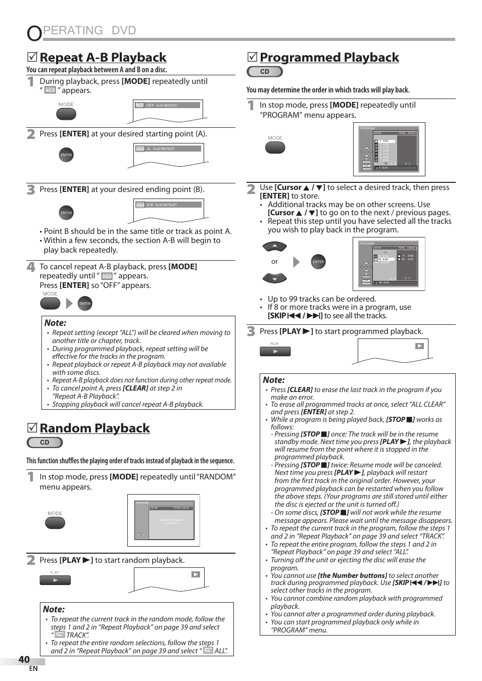 Perating dvd, Repeat a-b playback, Random playback | Programmed playback | Univex LD190SS1 User Manual | Page 42 / 166