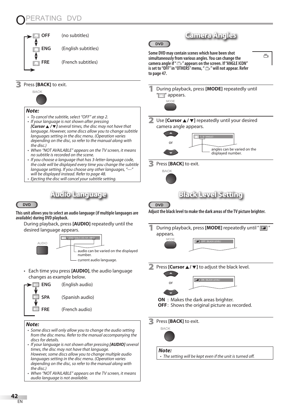 Perating dvd, Audio language, Camera angles | Black level setting | Univex LD190SS1 User Manual | Page 44 / 166