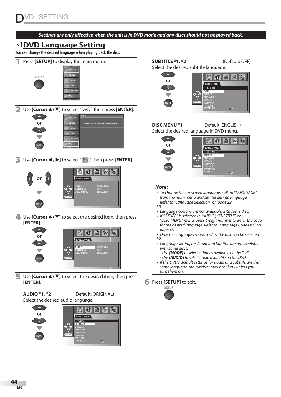 Vd setting, Dvd language setting | Univex LD190SS1 User Manual | Page 46 / 166