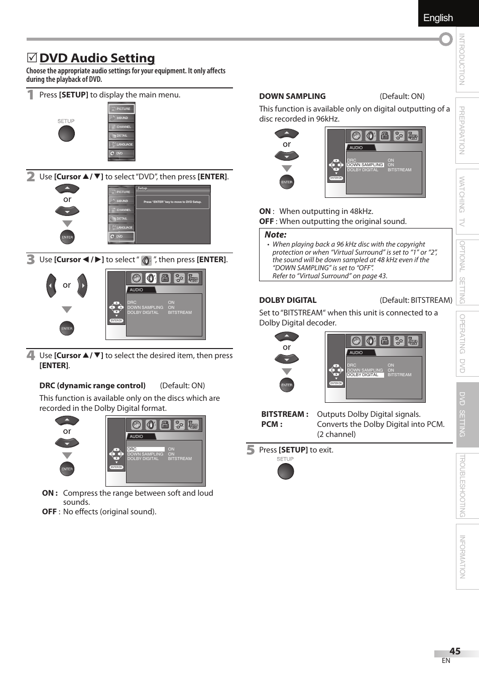 English español français, Dvd audio setting | Univex LD190SS1 User Manual | Page 47 / 166