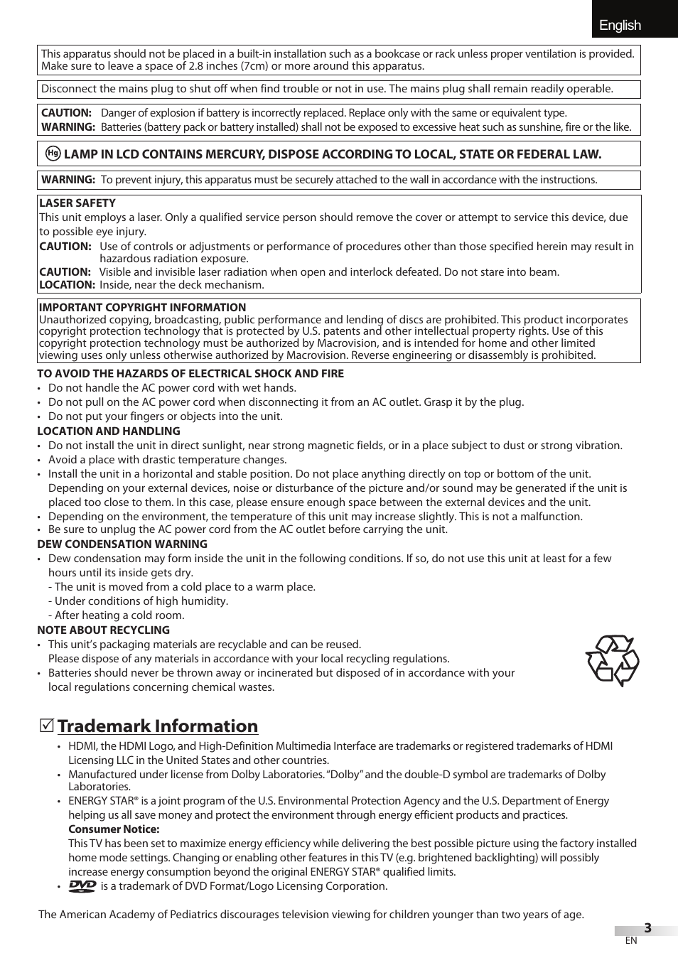 English español français, Trademark information | Univex LD190SS1 User Manual | Page 5 / 166