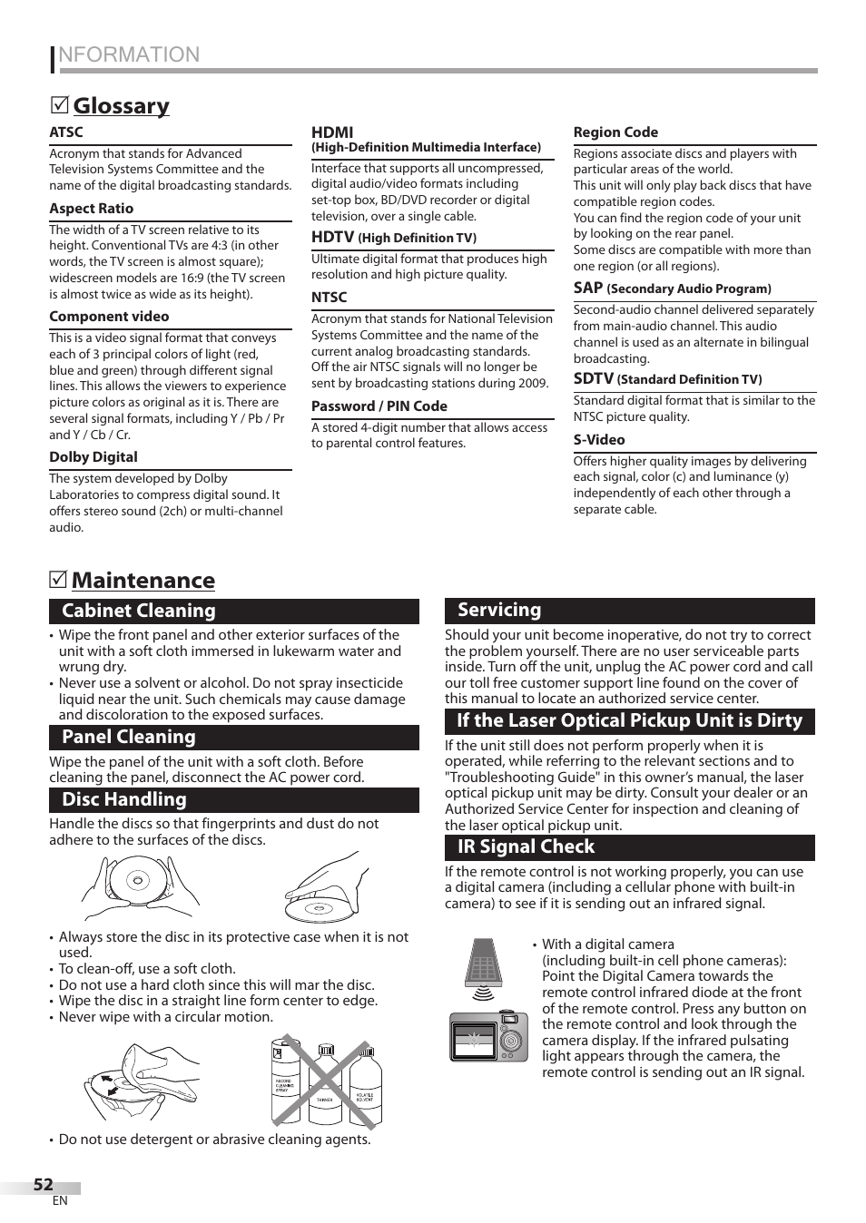 Nformation, Glossary  maintenance, Cabinet cleaning | Panel cleaning, Disc handling, Servicing, If the laser optical pickup unit is dirty, Ir signal check | Univex LD190SS1 User Manual | Page 54 / 166