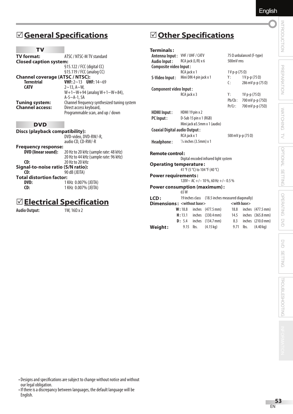 English español français, General specifications, Electrical specification | Other specifications | Univex LD190SS1 User Manual | Page 55 / 166