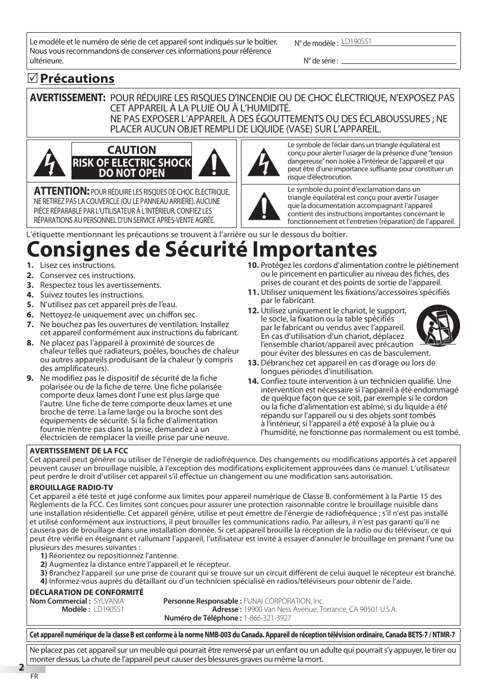 Consignes de sécurité importantes, Précautions, Attention | Caution risk of electric shock do not open, Avertissement | Univex LD190SS1 User Manual | Page 59 / 166