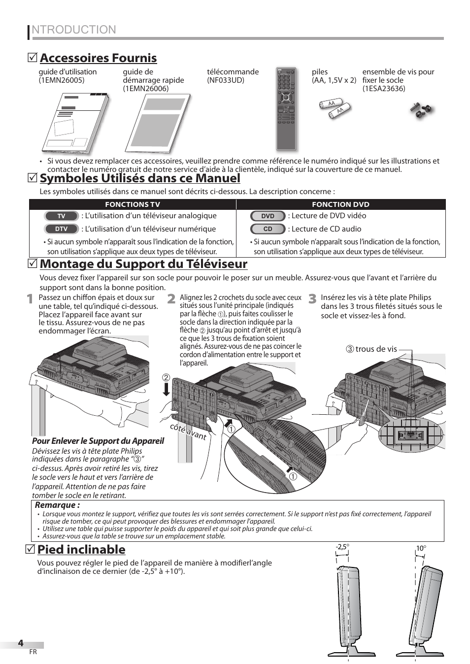 Ntroduction, Montage du support du téléviseur, Accessoires fournis | Symboles utilisés dans ce manuel, Pied inclinable | Univex LD190SS1 User Manual | Page 61 / 166