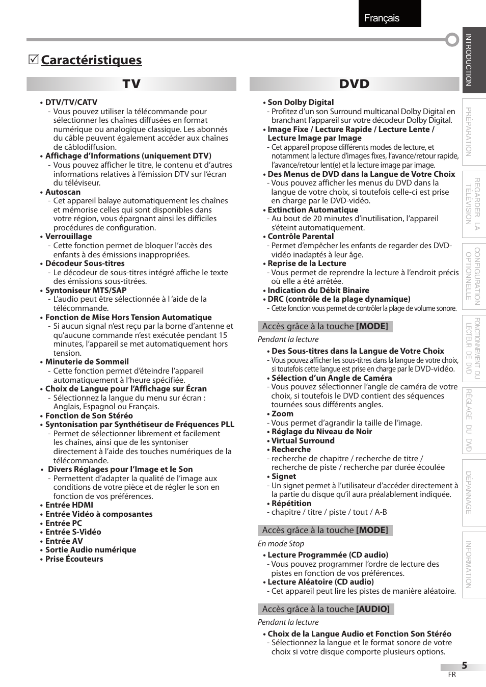 Français, Tv dvd, Caractéristiques | Univex LD190SS1 User Manual | Page 62 / 166