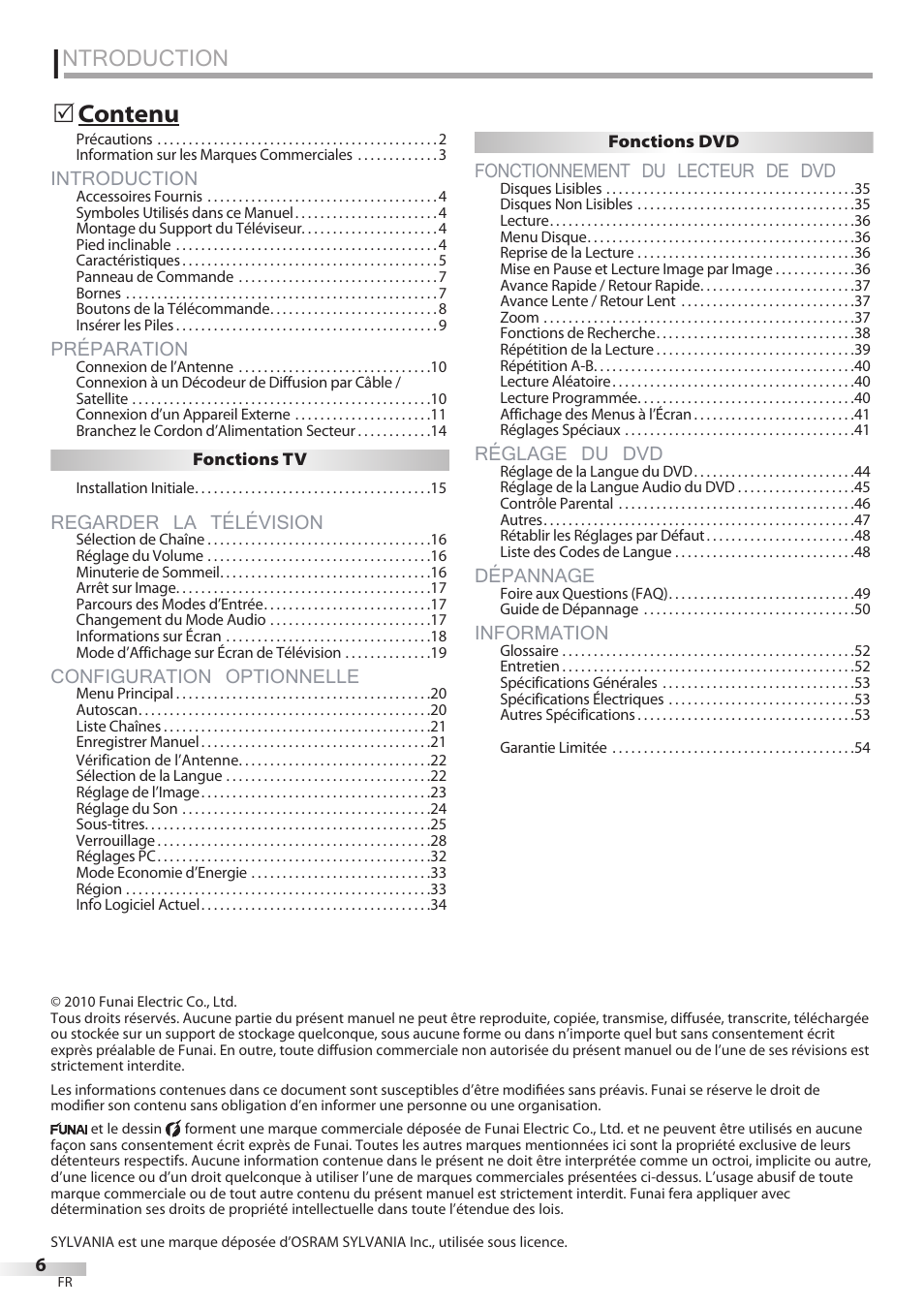 Ntroduction, Introduction, Préparation | Regarder la télévision, Configuration optionnelle, Fonctionnement du lecteur de dvd, Réglage du dvd, Dépannage, Information | Univex LD190SS1 User Manual | Page 63 / 166