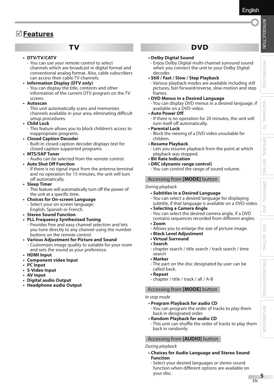 English español français, Features tv dvd | Univex LD190SS1 User Manual | Page 7 / 166
