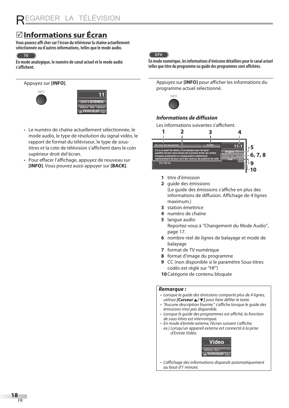 Egarder la télévision, Informations sur écran, Informations de diffusion | Remarque, Video | Univex LD190SS1 User Manual | Page 75 / 166