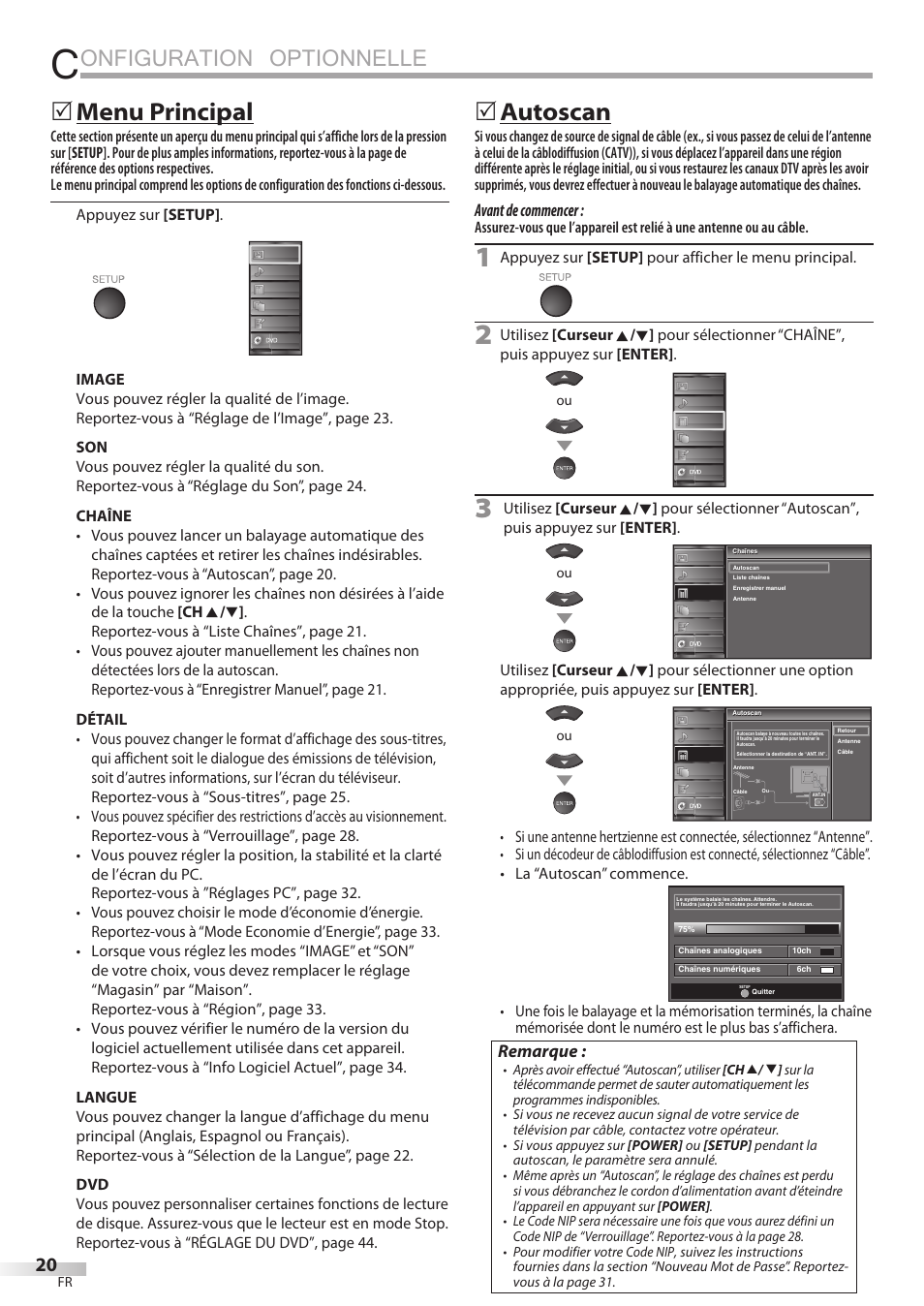 Onfiguration optionnelle, Menu principal, Autoscan | Avant de commencer, Remarque | Univex LD190SS1 User Manual | Page 77 / 166