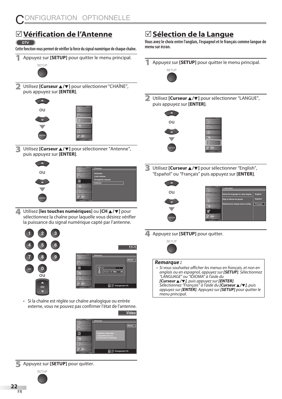 Onfiguration optionnelle, Vérification de l’antenne, Sélection de la langue | Remarque | Univex LD190SS1 User Manual | Page 79 / 166