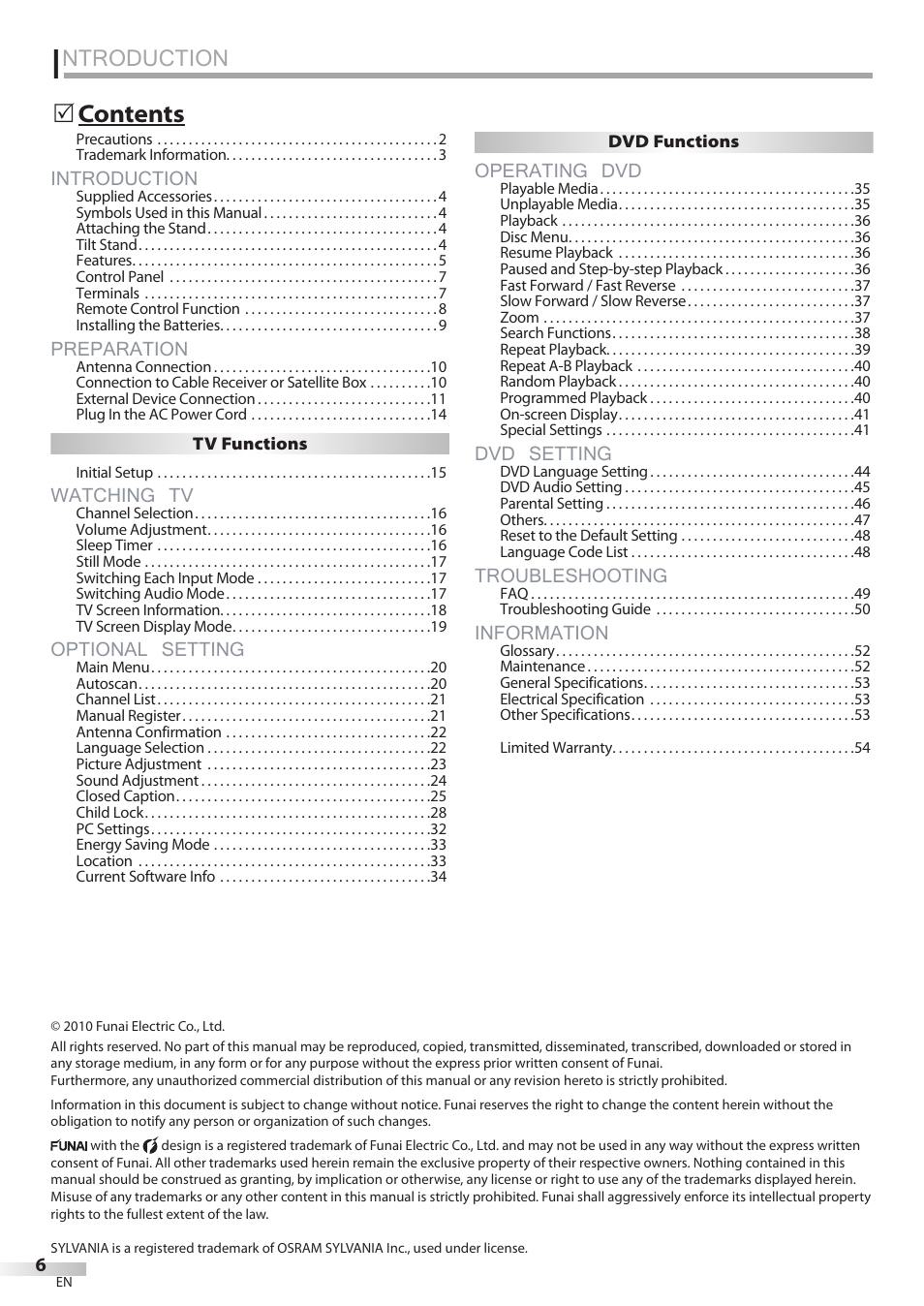 Ntroduction, Introduction, Preparation | Watching tv, Optional setting, Operating dvd, Dvd setting, Troubleshooting, Information | Univex LD190SS1 User Manual | Page 8 / 166