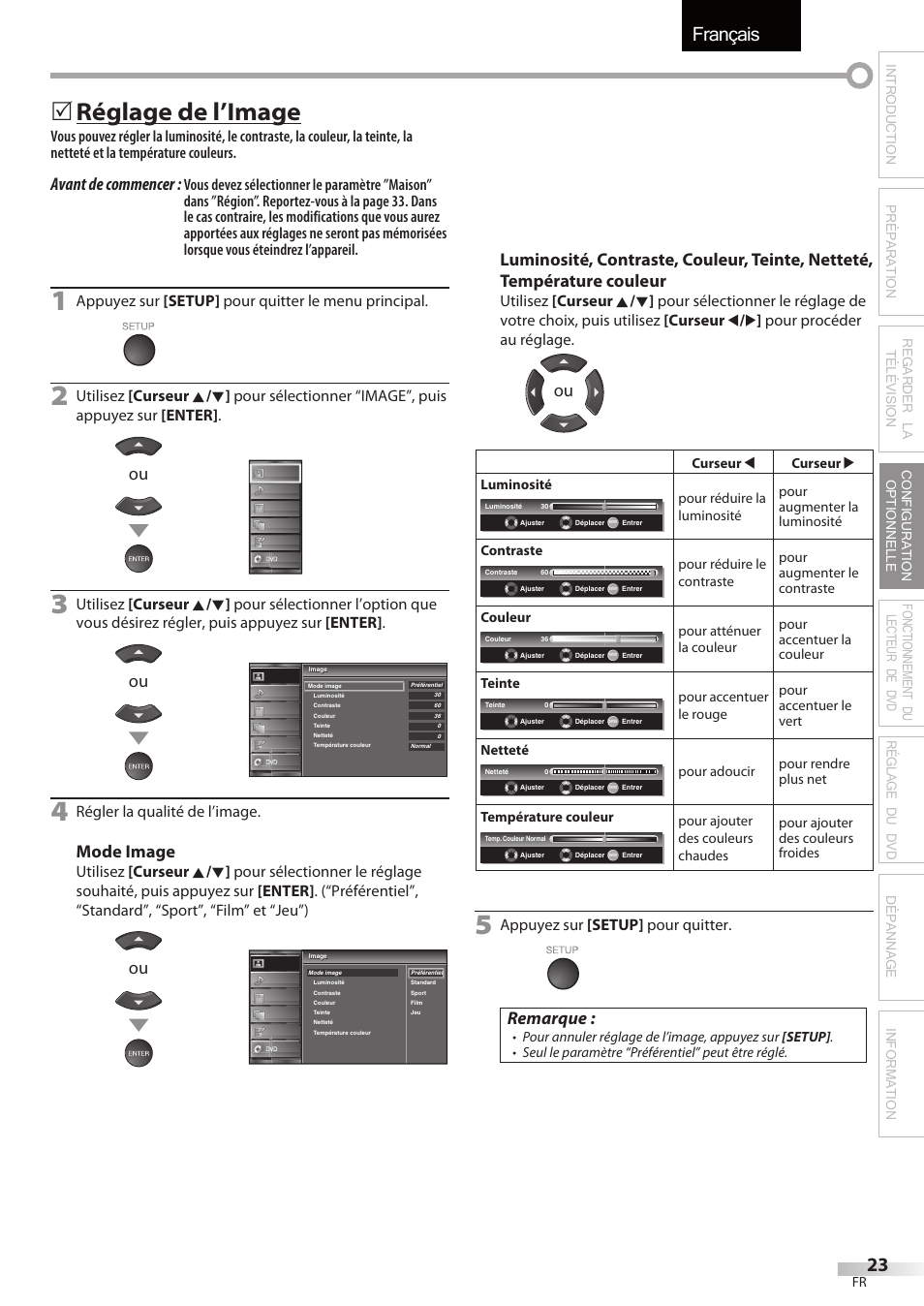Français, Réglage de l’image, Avant de commencer | Mode image, Remarque, Appuyez sur [setup] pour quitter le menu principal, Régler la qualité de l’image, Appuyez sur [setup] pour quitter | Univex LD190SS1 User Manual | Page 80 / 166