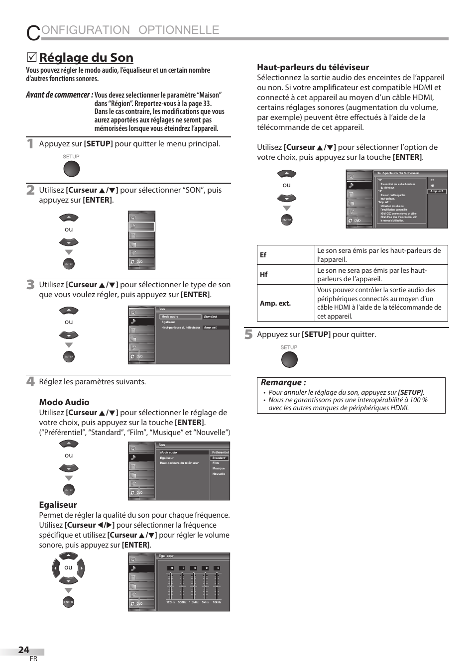 Onfiguration optionnelle, Réglage du son, Avant de commencer | Modo audio, Egaliseur, Haut-parleurs du téléviseur, Remarque, Appuyez sur [setup] pour quitter le menu principal, Réglez les paramètres suivants, Appuyez sur [setup] pour quitter | Univex LD190SS1 User Manual | Page 81 / 166