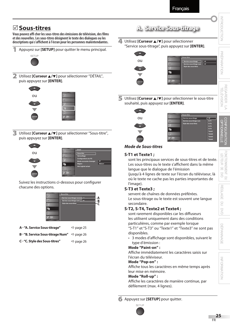 Français, Sous-titres, A. service sous-titrage | Mode de sous-titres s-t1 et texte1, S-t3 et texte3, S-t2, s-t4, texte2 et texte4 | Univex LD190SS1 User Manual | Page 82 / 166