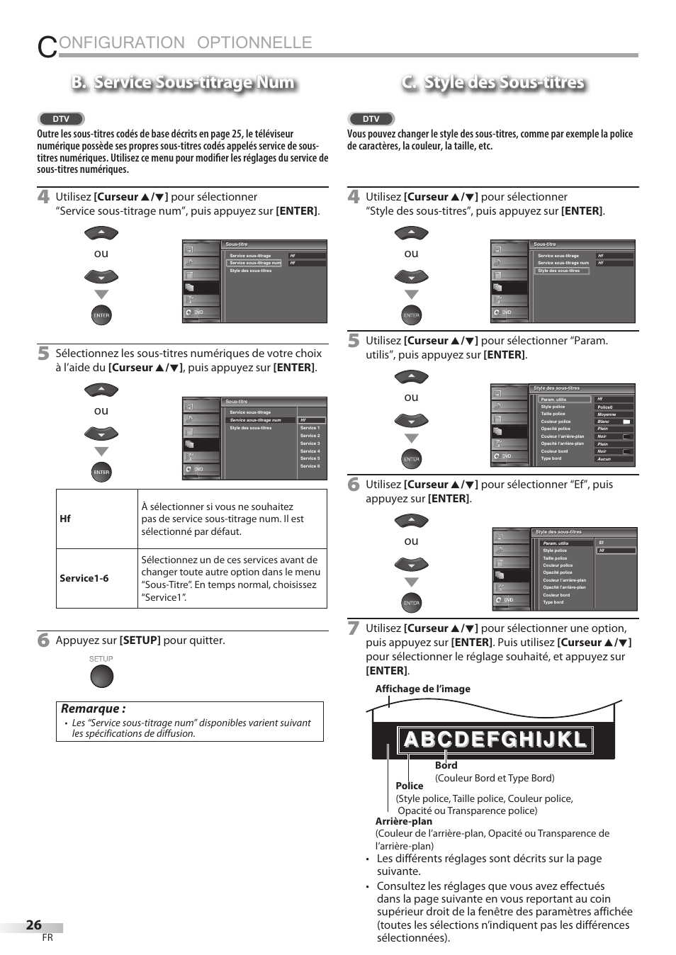 Onfiguration optionnelle, B. service sous-titrage num, C. style des sous-titres | Remarque, Appuyez sur [setup] pour quitter | Univex LD190SS1 User Manual | Page 83 / 166