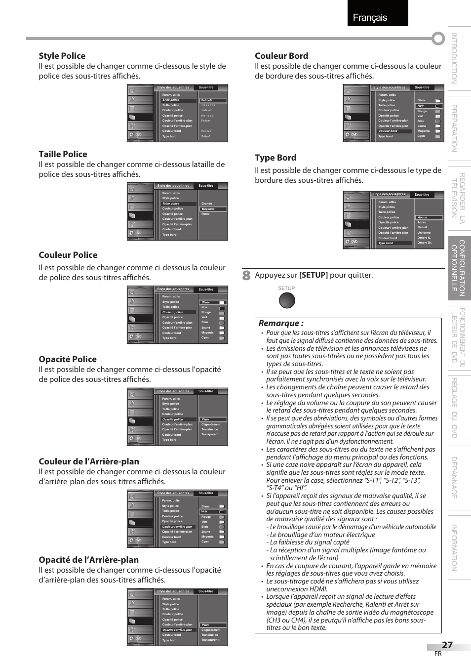 Français, Style police, Taille police | Couleur police, Opacité police, Couleur de l’arrière-plan, Opacité de l’arrière-plan, Couleur bord, Type bord, Remarque | Univex LD190SS1 User Manual | Page 84 / 166