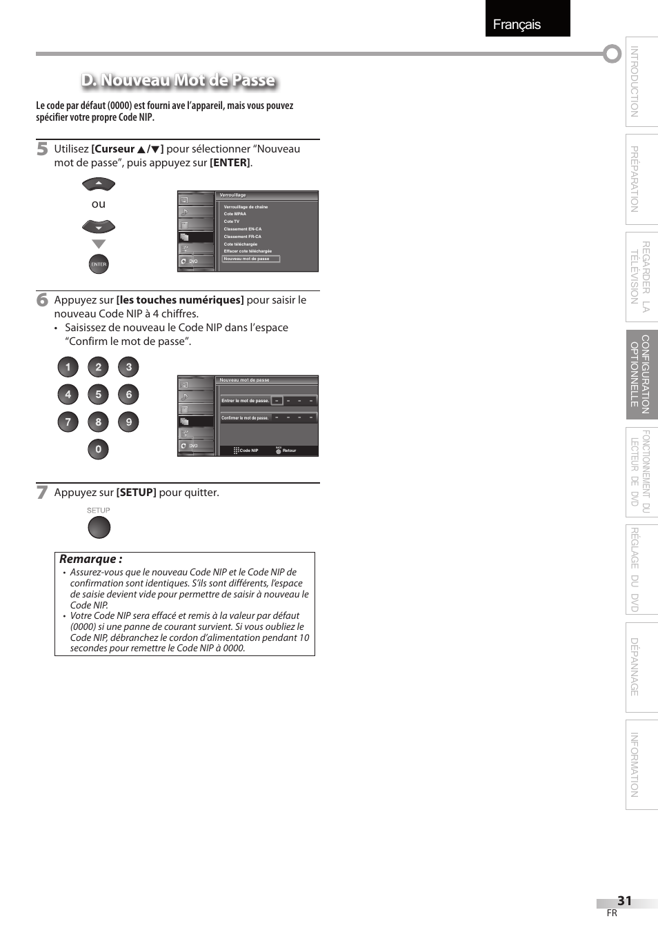 Français, D. nouveau mot de passe, Remarque | Univex LD190SS1 User Manual | Page 88 / 166