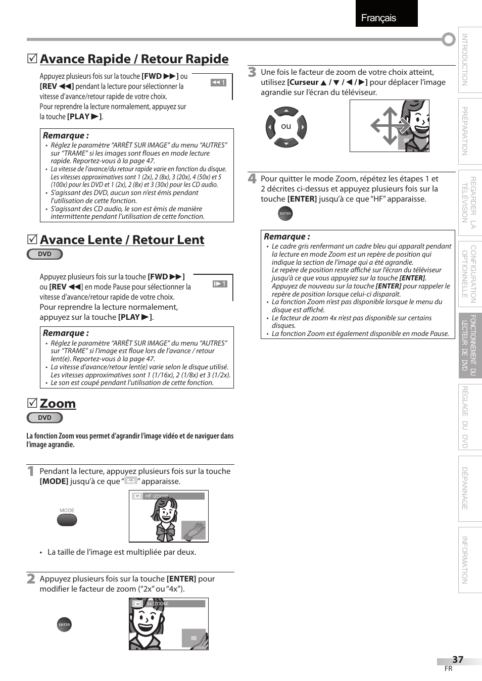 Français, Avance rapide / retour rapide, Avance lente / retour lent | Zoom | Univex LD190SS1 User Manual | Page 94 / 166