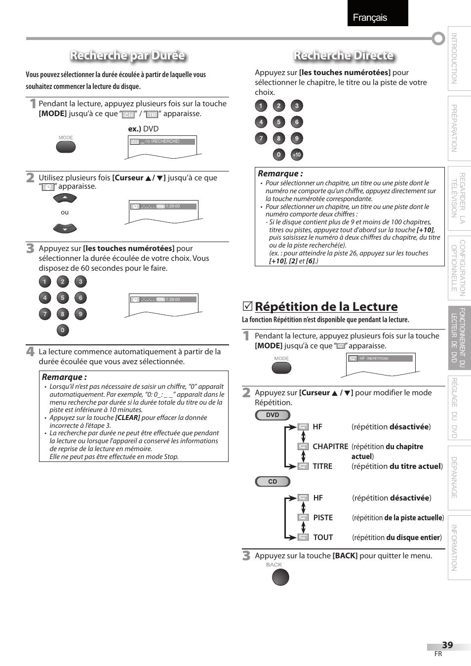 Français, Recherche par durée, Recherche directe | Répétition de la lecture | Univex LD190SS1 User Manual | Page 96 / 166