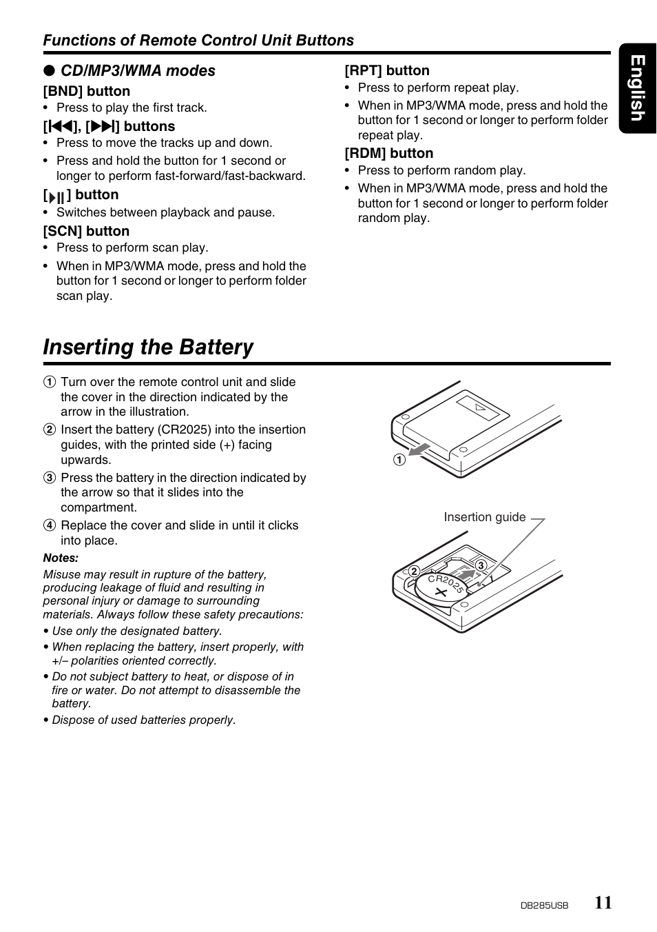 Inserting the battery, English 11 | Univex DB285USB User Manual | Page 11 / 29