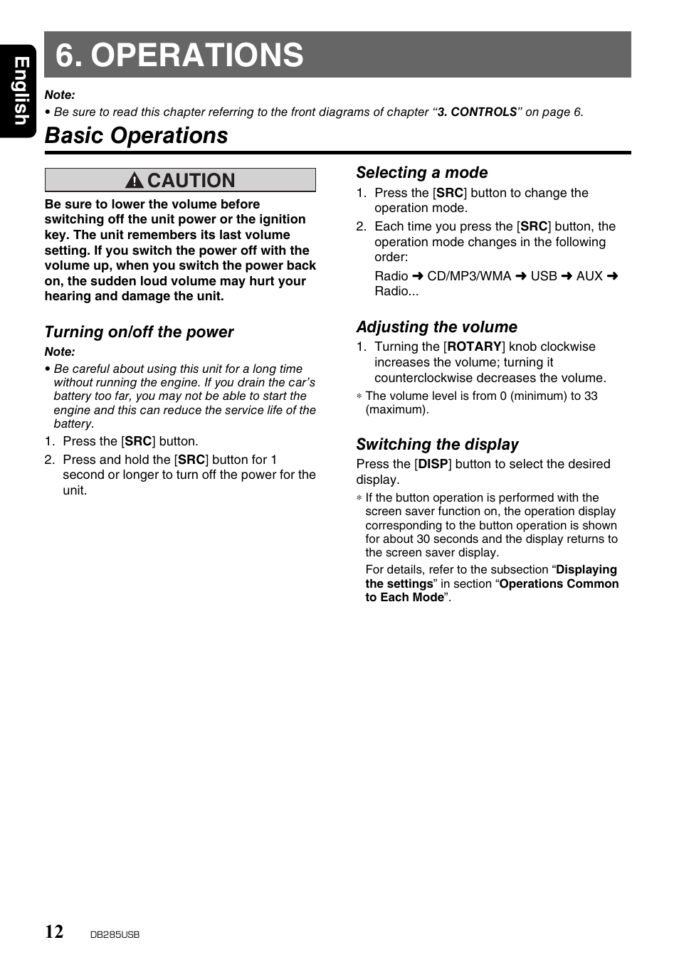 Operations, Basic operations, English 12 | Caution | Univex DB285USB User Manual | Page 12 / 29