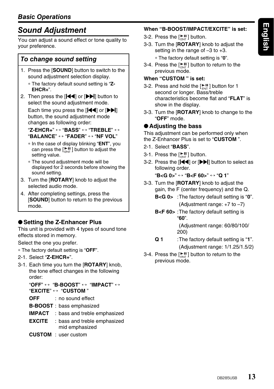 English 13, Sound adjustment, Basic operations | Univex DB285USB User Manual | Page 13 / 29