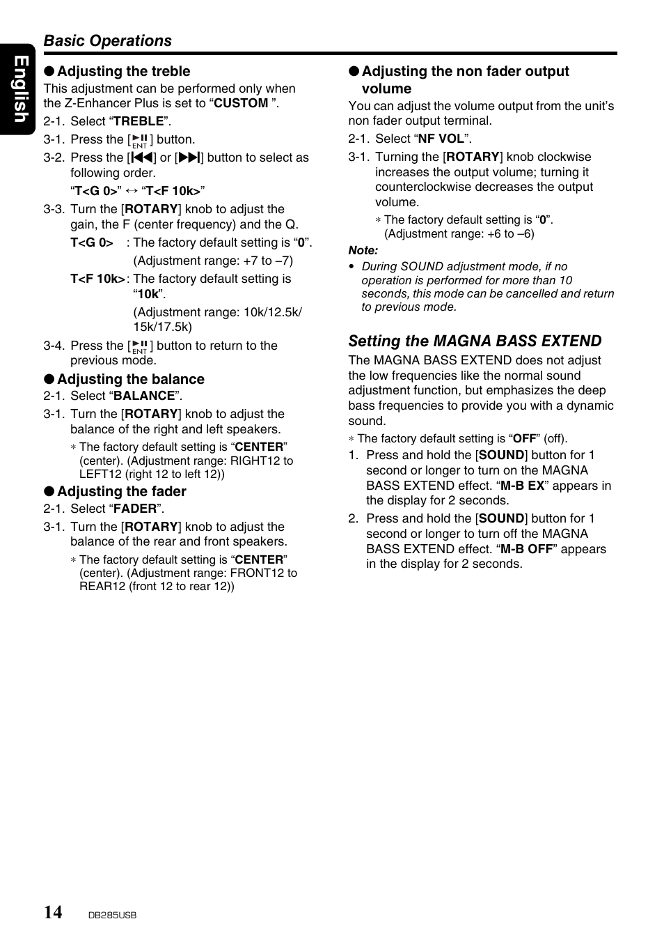 English 14, Basic operations, Setting the magna bass extend | Univex DB285USB User Manual | Page 14 / 29