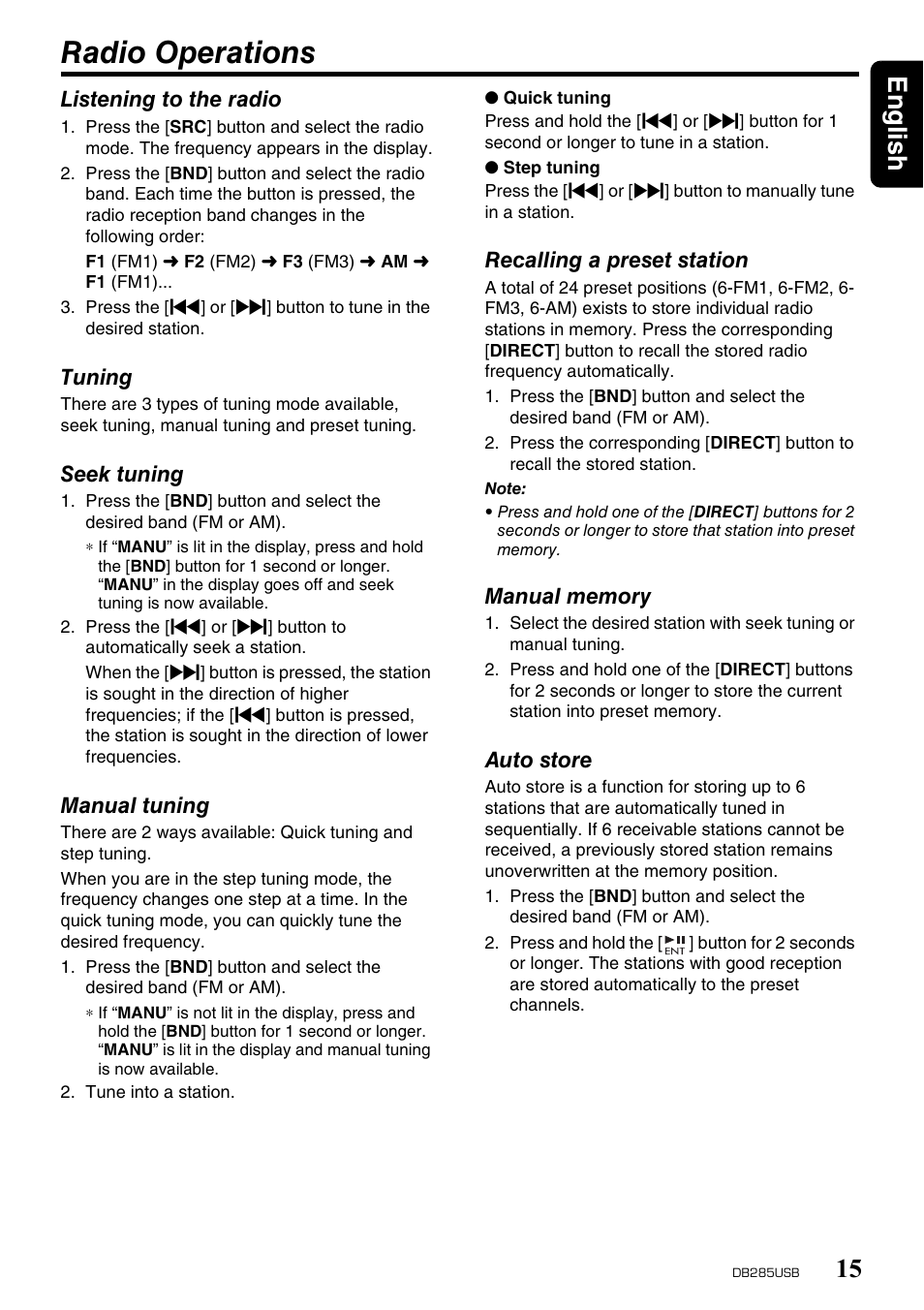 Radio operations, English 15 | Univex DB285USB User Manual | Page 15 / 29