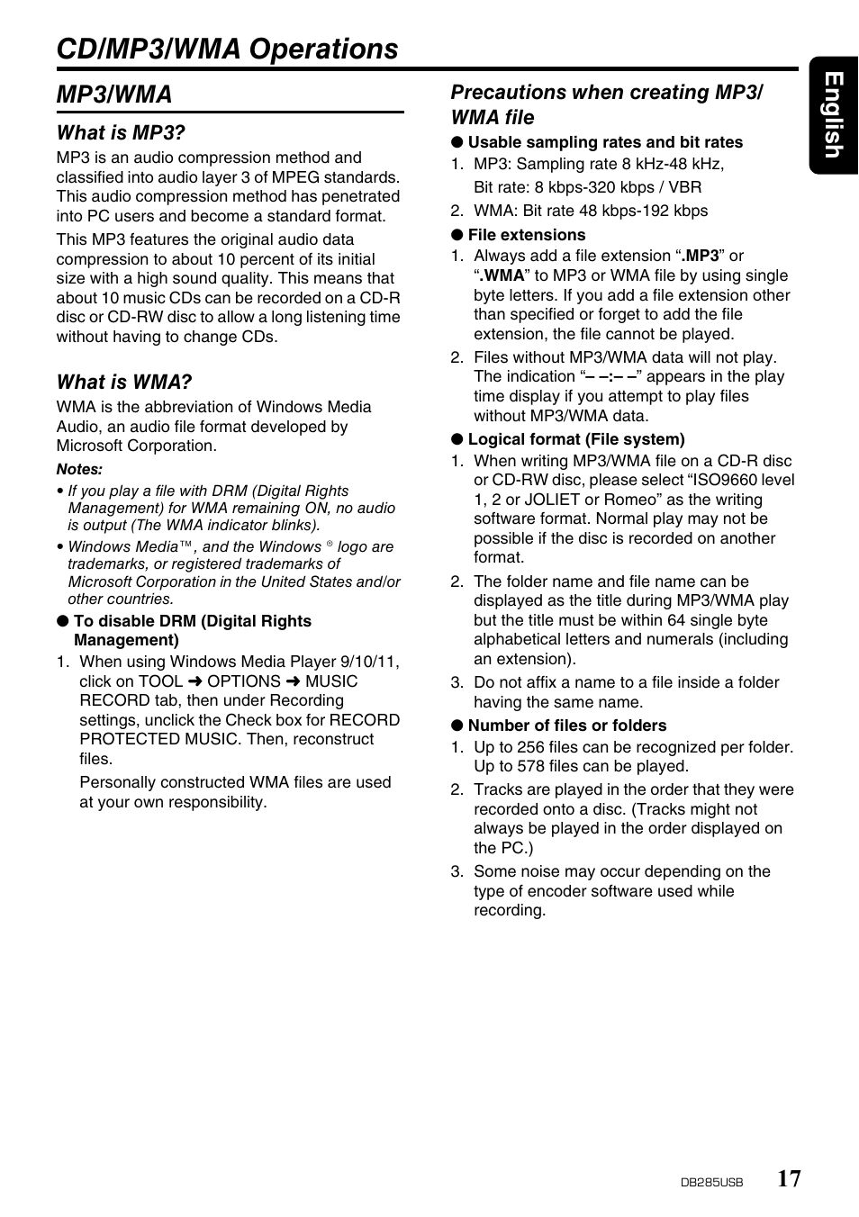 Cd/mp3/wma operations, English 17, Mp3/wma | Univex DB285USB User Manual | Page 17 / 29