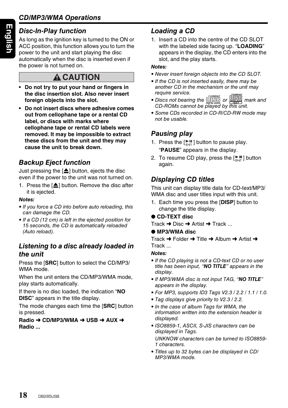 English 18, Caution | Univex DB285USB User Manual | Page 18 / 29