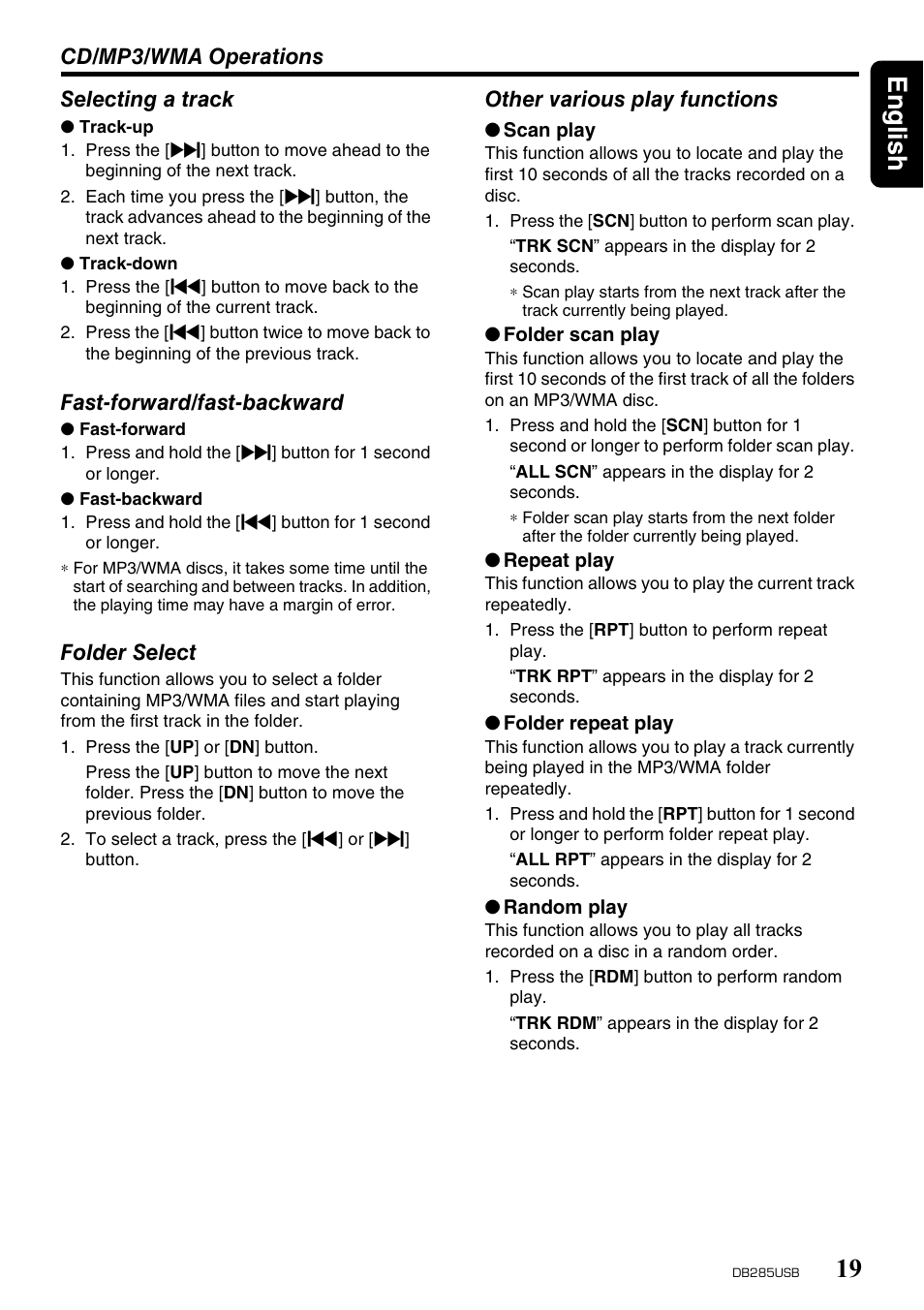 English 19 | Univex DB285USB User Manual | Page 19 / 29