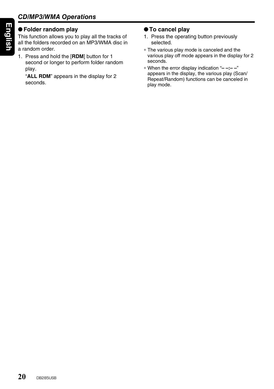 English 20 | Univex DB285USB User Manual | Page 20 / 29
