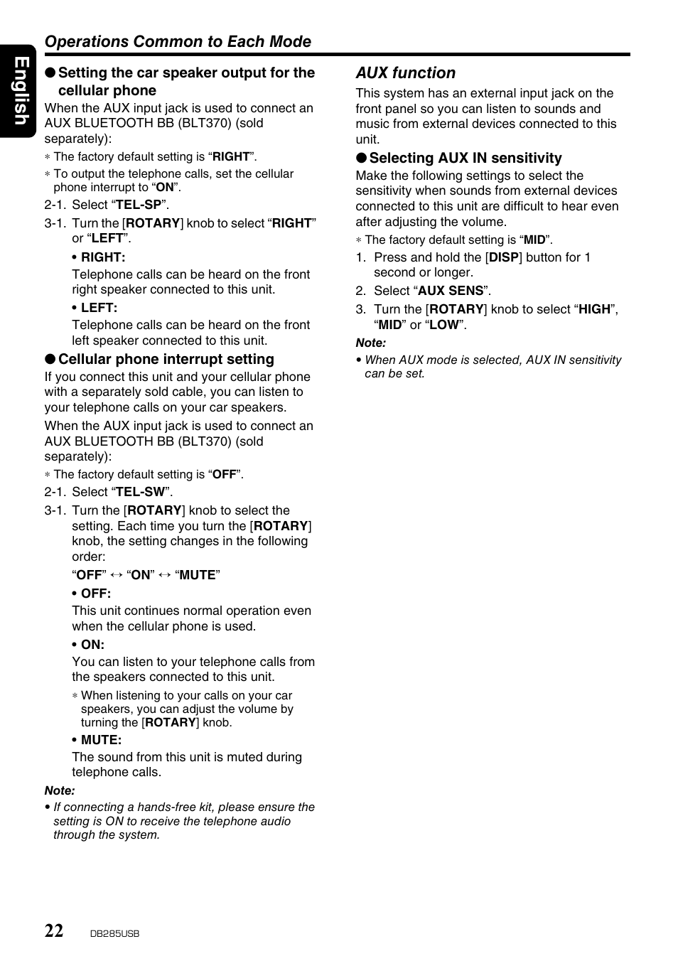 English 22, Operations common to each mode, Aux function | Univex DB285USB User Manual | Page 22 / 29