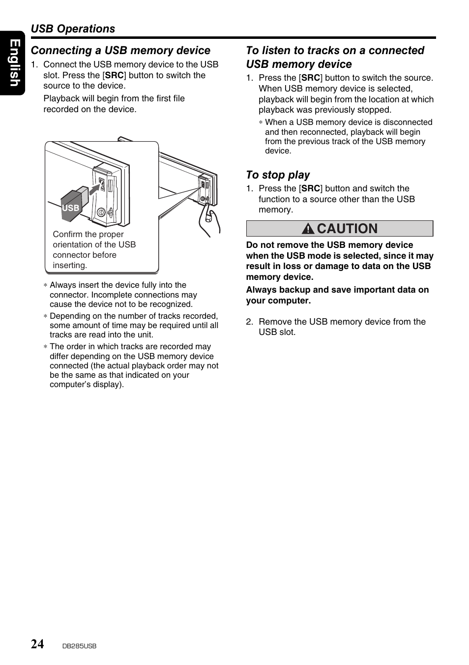 English 24, Caution | Univex DB285USB User Manual | Page 24 / 29