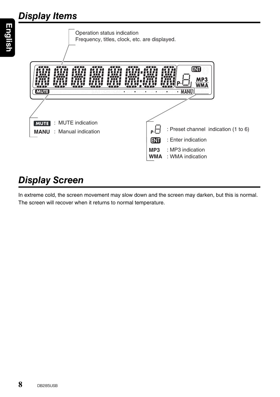 Display items display screen, English 8 | Univex DB285USB User Manual | Page 8 / 29